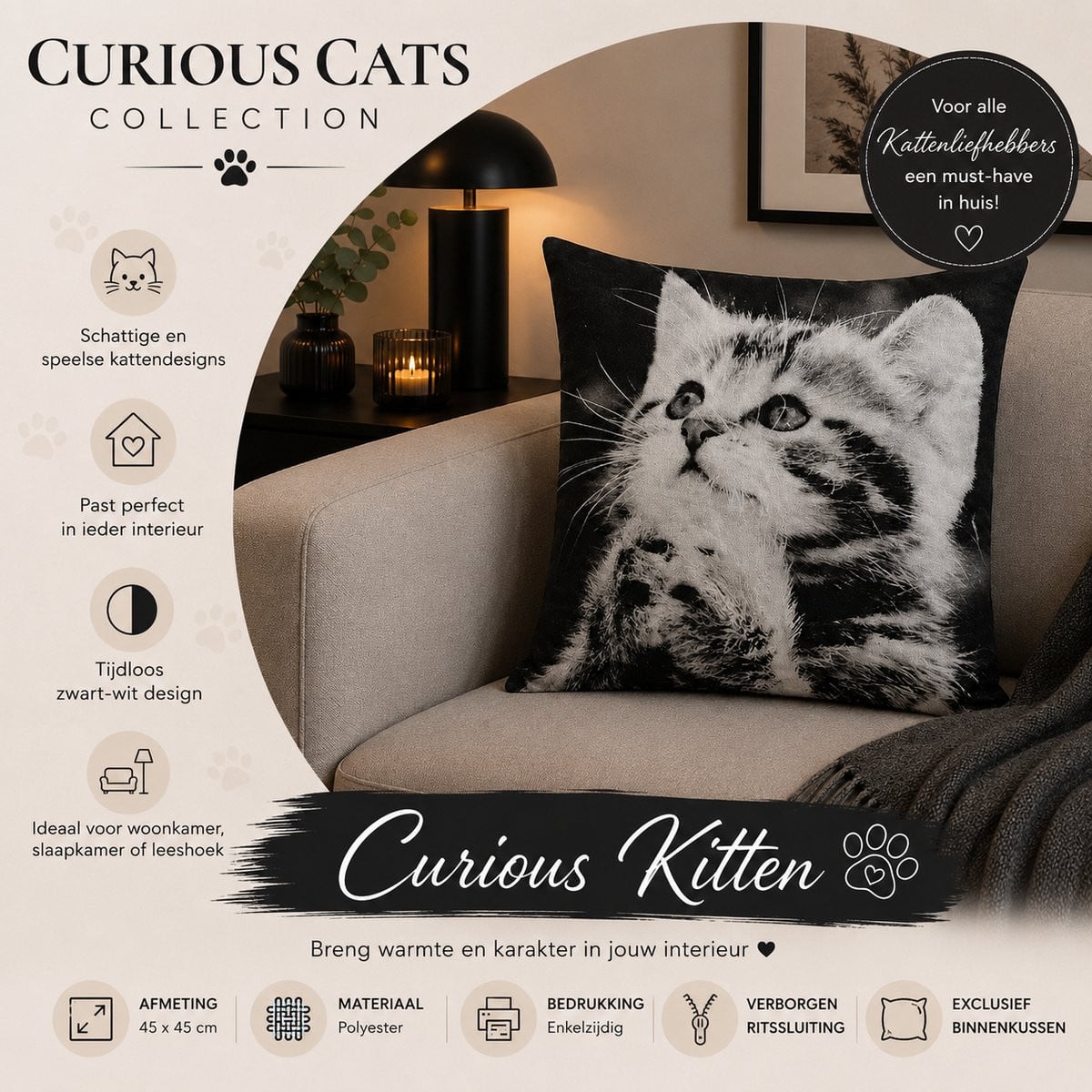Kussenhoes Curious Cats Collection 45 x 45 cm