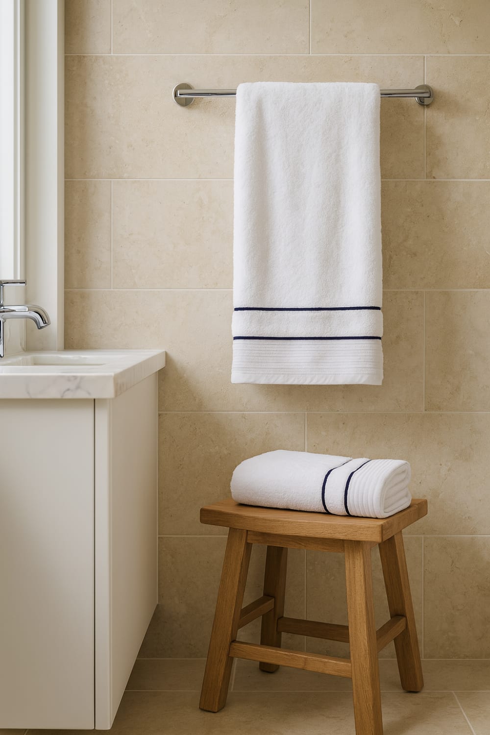 Morfeo Toalla de baño de algodón blanca con ribete Azul marino - 100x150 cm