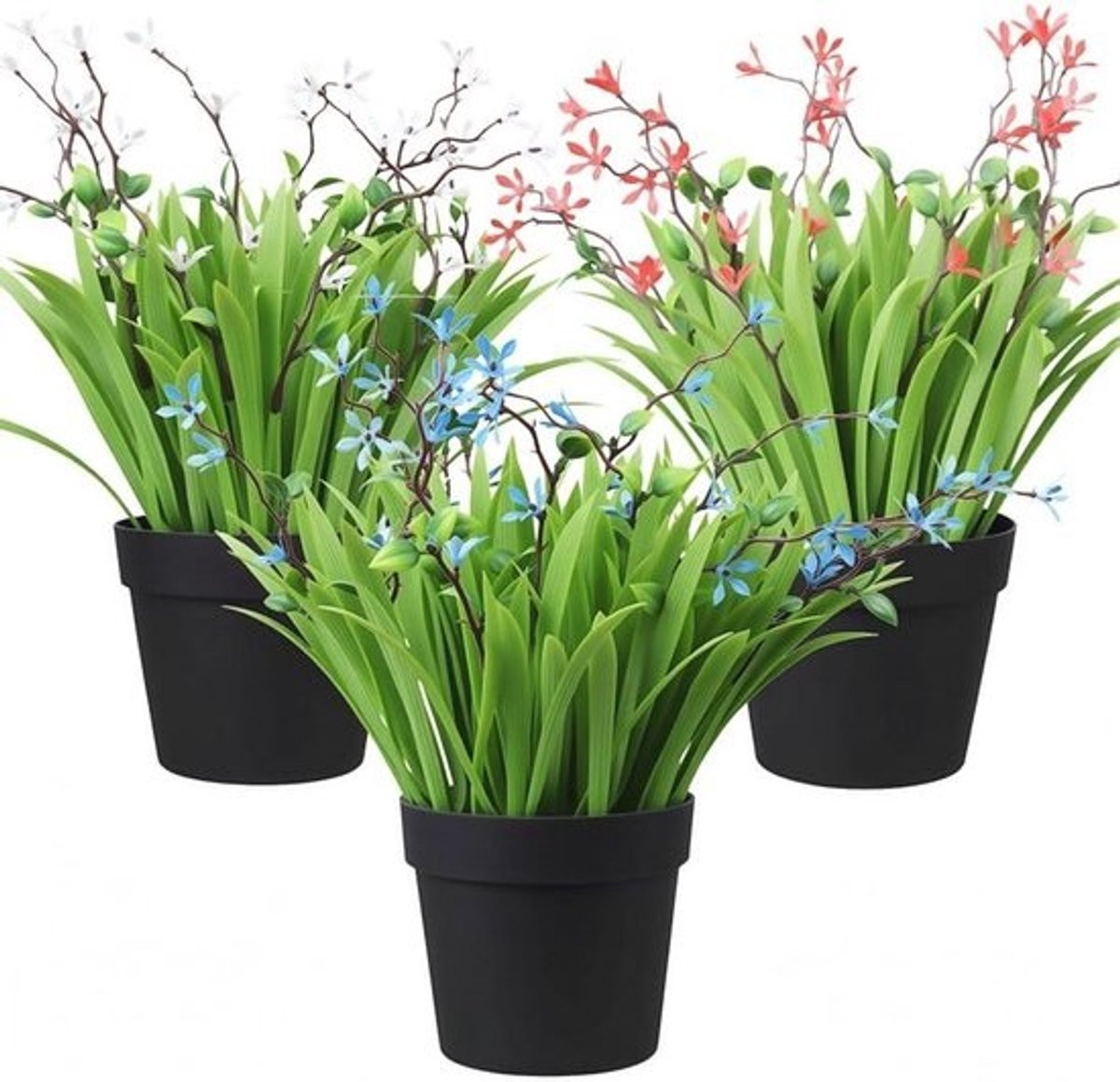 Set van 3 groene kunstmatige planten in zwarte potten voor decoratie van bureau, tafel of badkamer