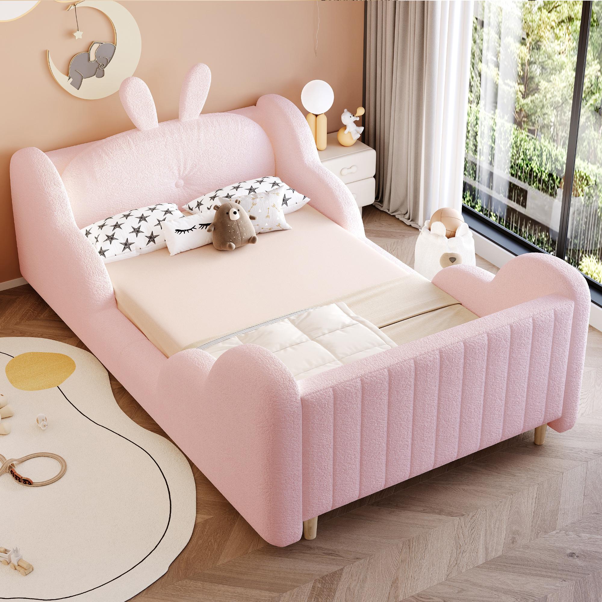 MODFU Kinderbett 90 × 200 mit Hasen-Kopfteil,Polsterbett mit abgerundeten Kanten,Plattformbett mit Seitenleisten,Rosa (Mit Matratze)
