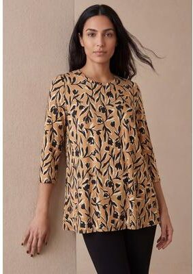 Plus Size Women's Stretch Knit Swing Tunic by Jessica London in Soft Camel Bold Tulips (Size 12) Long Loose 3/4 Sleeve Shirt