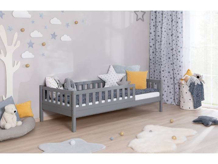 Lit maison massif Lou 90 x 200cm Avec sommier à lattes Gris/Pin gris
