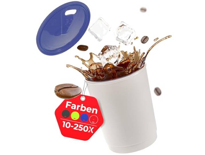 achilles Kaffeebecher mit Deckel, Kunststoffbecher, Mehrwegbecher, Trinkbecher, LFGB geprüft, spülmaschinenfest, stapelbar, 330 ml, Becher grau, Deckel blau, 250 Stk.