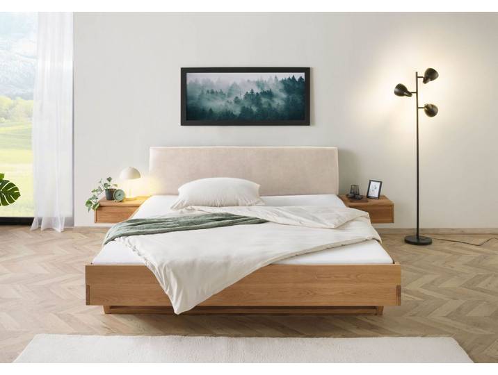Bett mit Nachttischen Eiche 140x200x85 natur geölt, Kopfteil beige FICHTELBERG #133