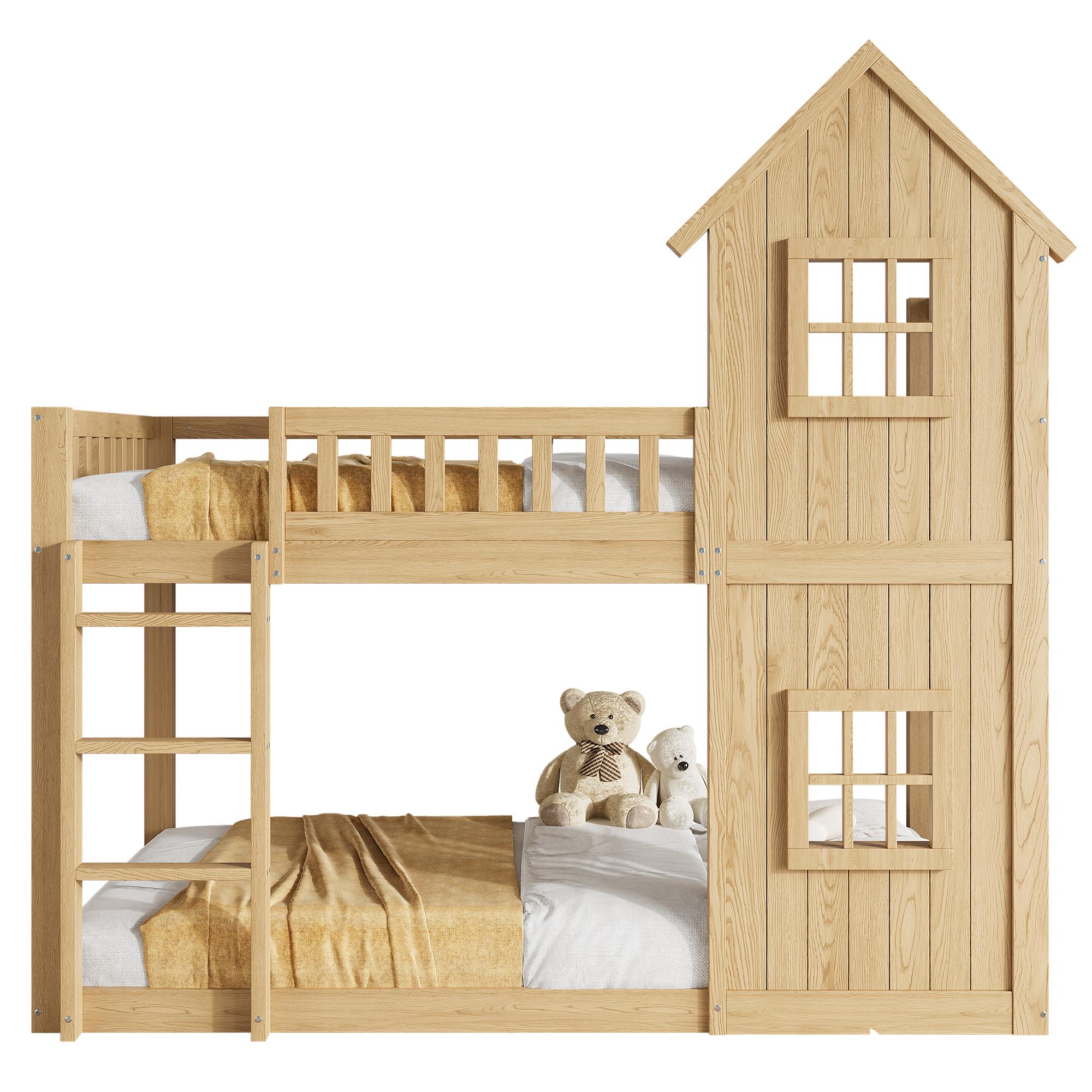 Etagenbett mit Rausfallschutz, Trittleiter und Lattenrost, 90x200 cm, Kinderbett, Kiefer