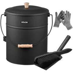 VEVOR Ascheeimer mit Deckel, 4 tlg. Set, inkl. Kohleeimer Schaufel, Besen & Handschuhen, Kaminkohleeimer & Aschedose aus Metall, 15 L Fassungsvermögen für Kamine, Feuerstellen, Holzöfen