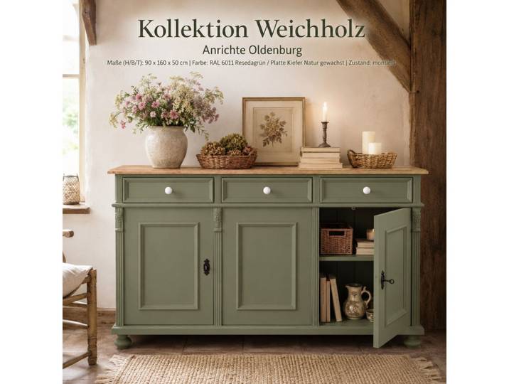 Wohnpalast Sideboard Landhaus Anrichte Oldenburg Weichholz 160 cm Sideboard Kommode Resedag