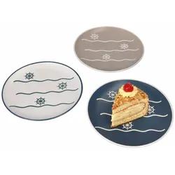 6er Set Dessertteller Steuerrad Keramik weiß beige blau Kuchenteller 6Pers