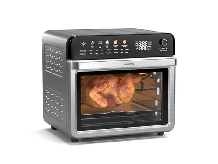 Klarstein AirGlaze Digital Colour Heißluftfritteuse – 34 L, 2200 W, 19 Programme, Drehspieß, Touch Display, 40-350 °C, Pizzastein & Grillroste, Edelstahl, Doppelt Verglaste Tür, Schwarz