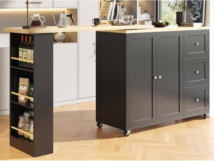 Meuble bar rotatif - MDF - 3 tiroirs et 2 portes - Mange-Debout - Noir