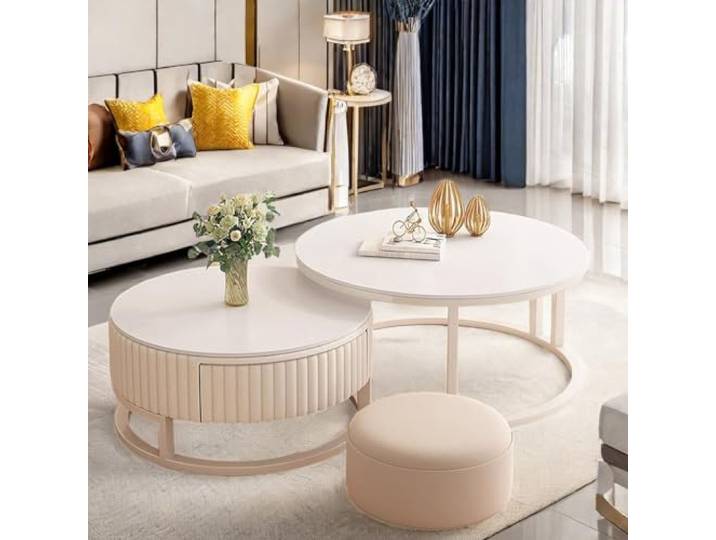 HRXQ Runder Couchtisch Weiß 2er Set, 50cm+70cm Wohnzimmertisch Rund Coffee Table Mit Metallrahmen, Moderne Kaffeetische Satztische Für Wohnzimmer, Balkon Und Büro