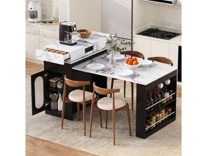 QQJIN Schwarz Kücheninsel Freistehend mit Rollen, Steckdosenleisten und Haken, Ausziehbarer Esstisch als Kücheninsel, Sideboard oder Bartisch für Küche und Esszimmer,K