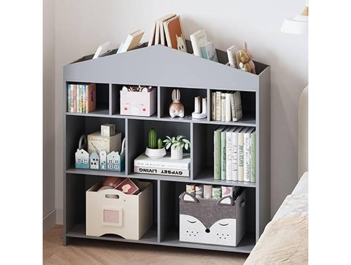GarveeMore Kinder Bücherregal Hausform 15 Fächer Standregal Mit Kippschutz Kinder-Bücherregal aus Holz für Bücher und Spielzeug im Kinderzimmer und Spielzimmer, Grau