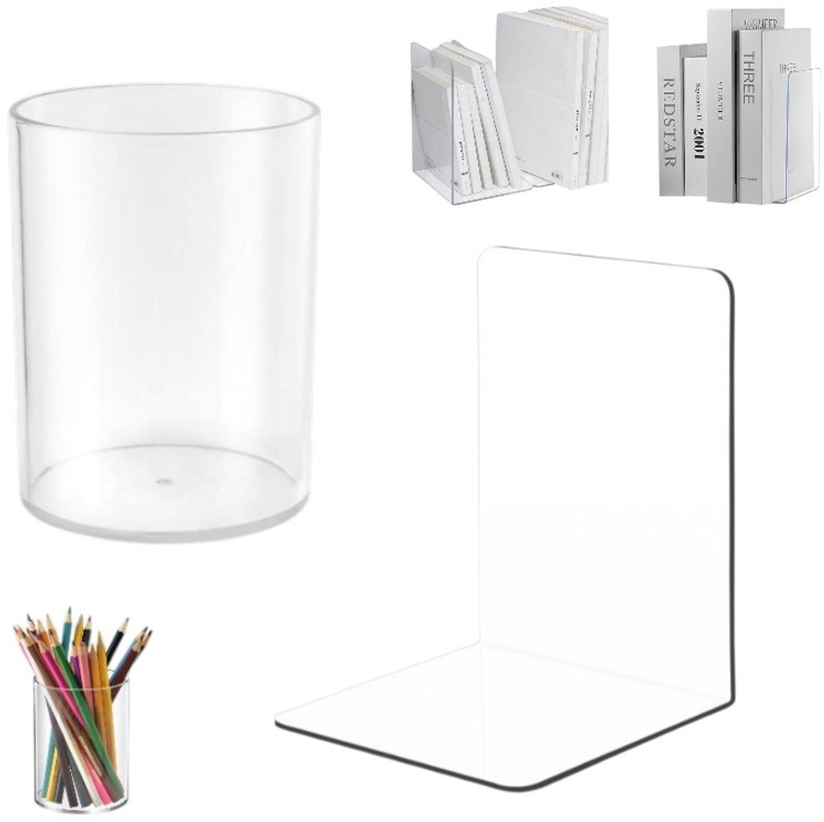 Set van 2 transparante acryl boekensteunen en pennenhouders met antislip onderzijde