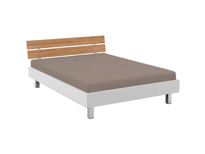 Modular Bett Smart Weiss, Natur, Chrom Holzwerkstoff, Wildeiche, Chrom Massivholz 120 x 200 cm