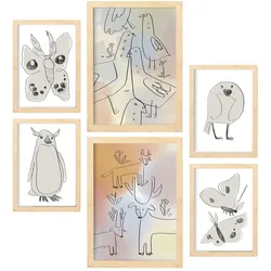 POSTER Set Mit 6 Flügel Der Liebe 2 In Tiere Zusammenfassungen A3 & A4 Rahmen Aus Hellem Holz