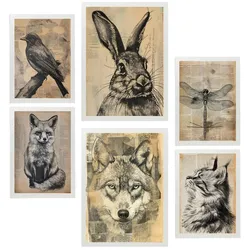 POSTER Set Mit 6 Vintage Tiere Vogel Hase Libelle Fuchs Wolf Katze A3 & A4 Weißer Rahmen