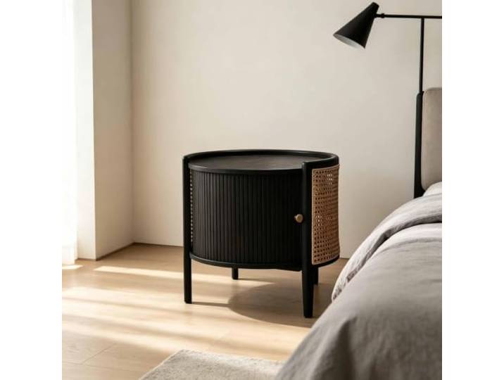 KAFHGEIN Runder Beistelltisch aus Massivholz mit Geschwungenem Schrank Moderner runder Beistelltisch aus Massivholz mit geschwungenem Schrank und Schiebedesign für Wohnzimmer, Schlafzimmer