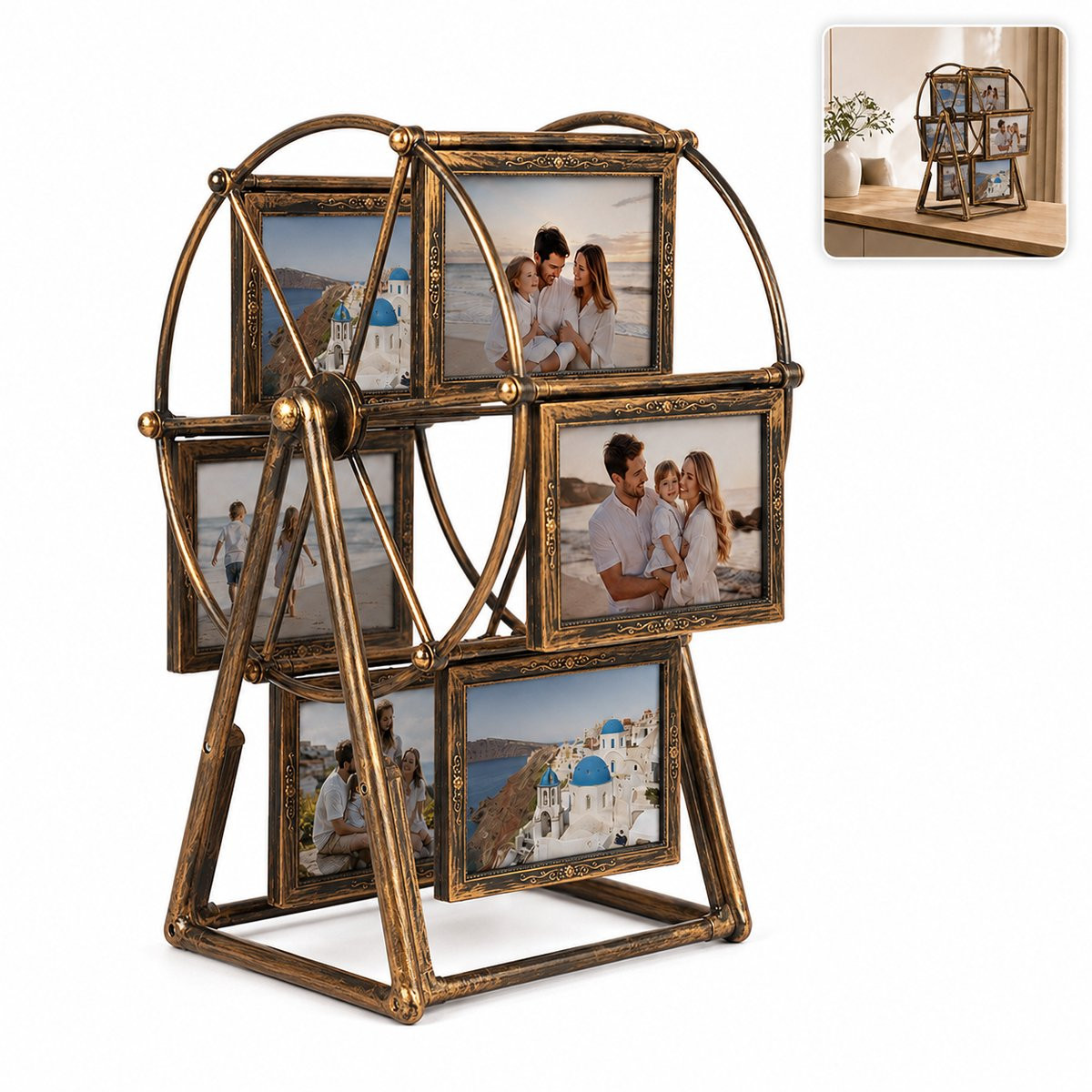Reuzenrad Fotohouder voor 12 Foto's – Dubbelzijdige Draaiende Fotolijst – Tafelmodel – Antiek Bruin – Fotocollage 8,9 x 12,7 cm