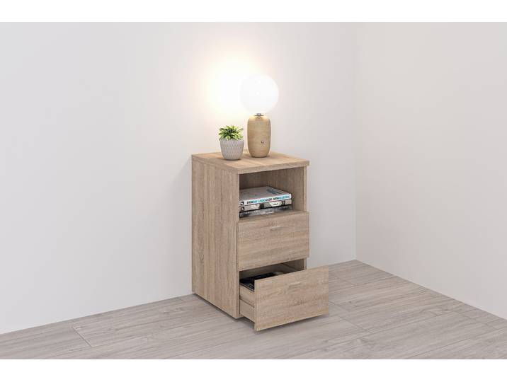 Nachtkonsole FMD Suva , braun (struktureichefarben hell), B:35cm H:60cm T:40cm, Holzwerkstoff, Sideboards, Nachtkonsole, Nachttisch m. 2 Schubkästen und offenem Fach