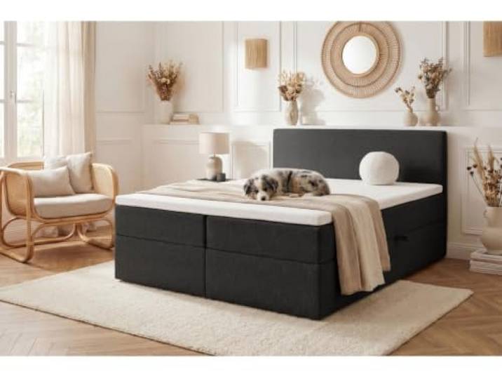 TRADA Boxspringbett Quelle Bett mit Matratze und Kopfteil 180x200, Schwarz Bettkästen mit seitlicher Öffnung, Bouclé-Stoff, Auf Rahmen gepolsterte Bonellmatratzen und Topper inklusive