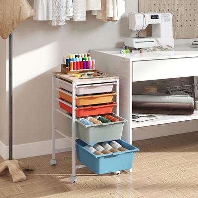 Lirago 5-Drawer Rolling Storage Cart Mobile Utility Organizer with Wooden Tabletop and Lockable Wheels