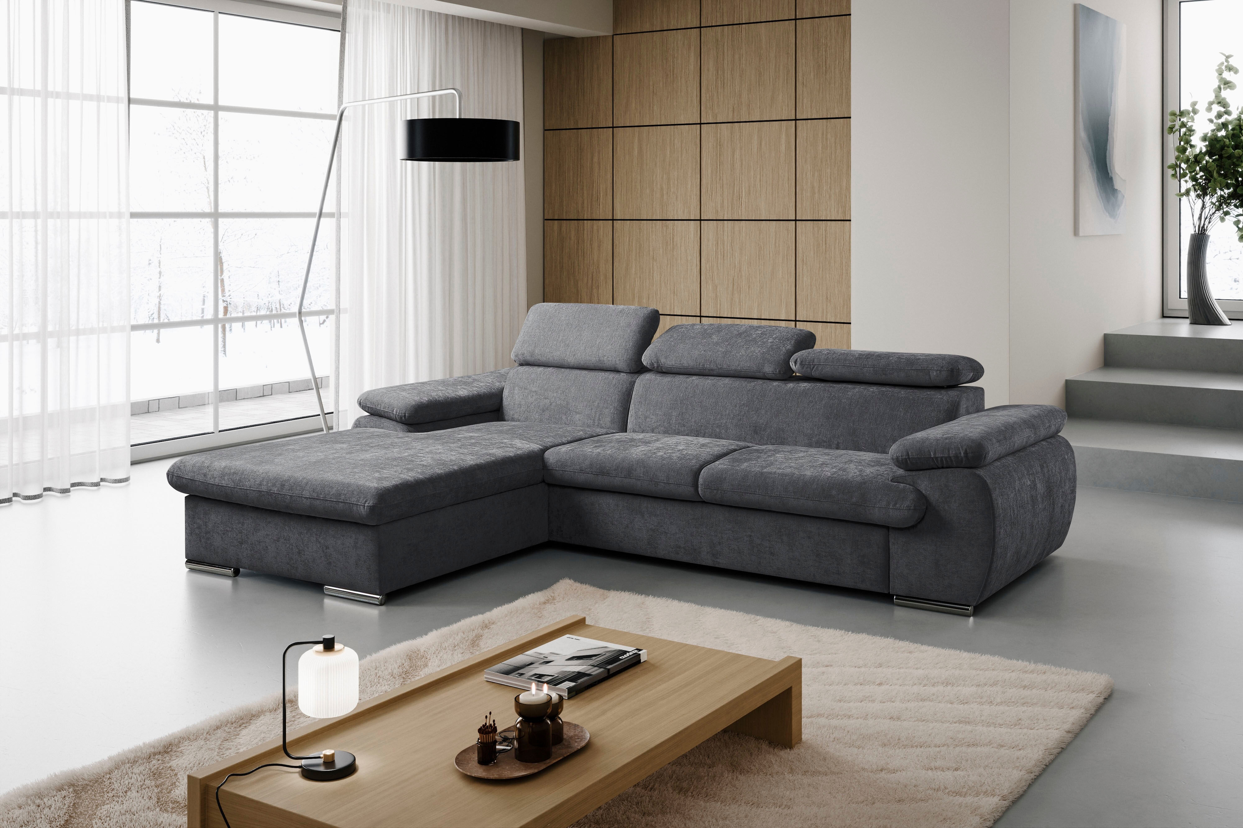 Ecksofa WERK2 "Cosmo 282 cm breit, Multifunktionen, Bettfunktion", dunkelgrau, B:282cm H:99cm T:192cm, 100% Polyester, Sofas, Ecksofa, Chenille, L-Form, XXL, Schlaffunktion, Bettkasten