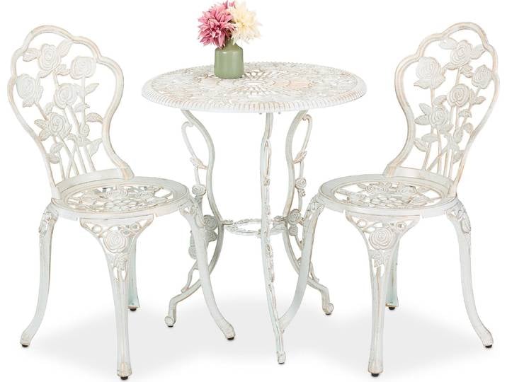 Ensemble de mobilier de jardin Relaxdays\, 3 pièces\, table et 2 chaises\, mobilier de balcon vintage\, fonte d'aluminium\, salon de jardin\, blanc/bronze