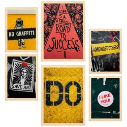 POSTER Set Mit 6 Street Art Sätze Urban Graffiti A3 & A4 Rahmen Aus Hellem Holz