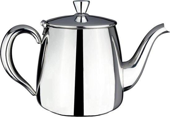 Zilverkleurige roestvrijstalen theepot met druppelvrije tuit