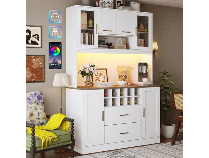 Buffet Cuisine Haut 120 cm avec LED Buffet Salle a Manger avec 2 Prises et 2 USB Meuble de Rangement Cuisine Scandinave Blanc