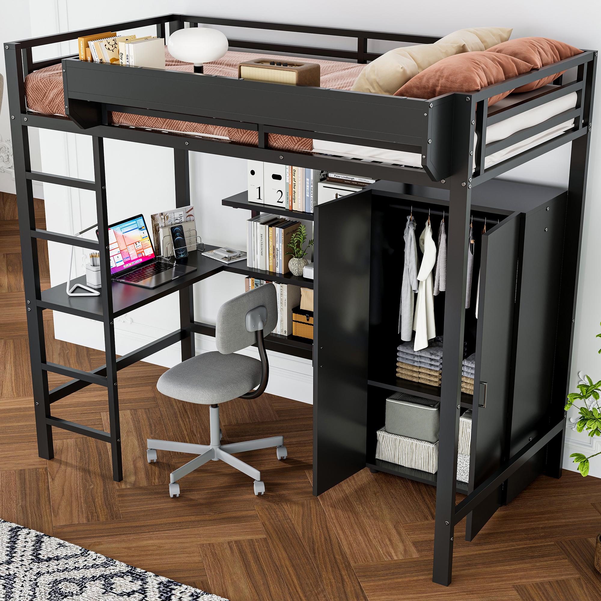 Etagenbett 90x200 schwarz Hochbett mit Schreibtisch und Schrank Metall