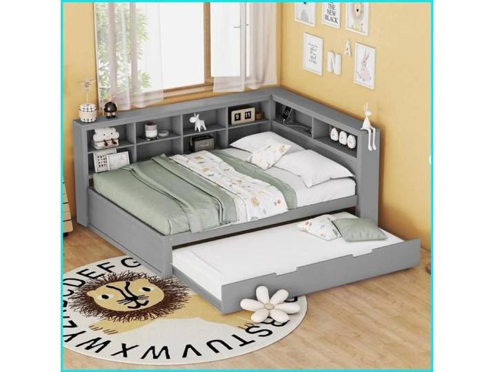 Lit-Sofa Multifonctionnel - Lit Extensible 140x200/90x190 - USB + Rangements - Bois Massif - Gris