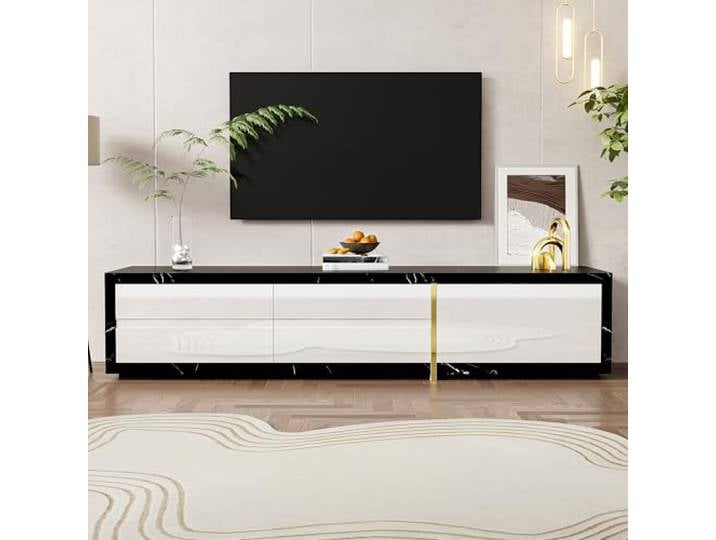 Merax TV-Schrank verstellbare Länge (140-260 cm), drehbares Lowboard mit Schwarze Marmoroptik, 140-260 L x 40 B x 30 H cm, Weiß + Schwarz Marmoroptik