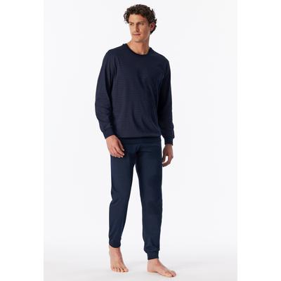 Schlafanzug SCHIESSER "Comfort Essentials", Damen, Gr. 48, blau, Single Jersey, Obermaterial: 100% Baumwolle, bequem lang, Rundhals, Homewear-Sets Schlafanzug, mit angenehmen Bündchen