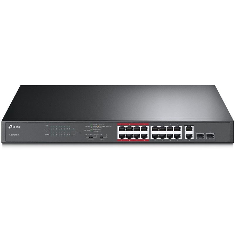 TP-LINK TL-SL1218M 16× 10/100 Mbps PoE+ 2× Gigabit Non-PoE 2× Combo Gigabit SFP 802.3at/af 192 W PoE Power