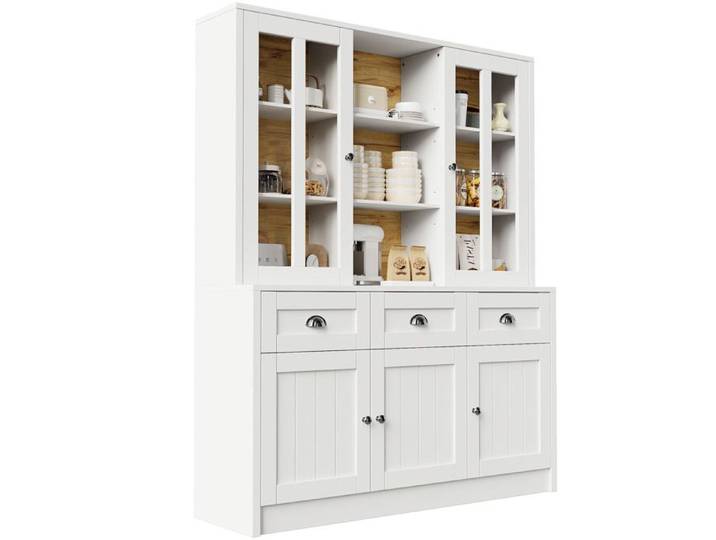 Vaisselier haut blanc en MDF – 5 portes 3 tiroirs et vitrines acryliques – 140 x 38 5 x 175 cm
