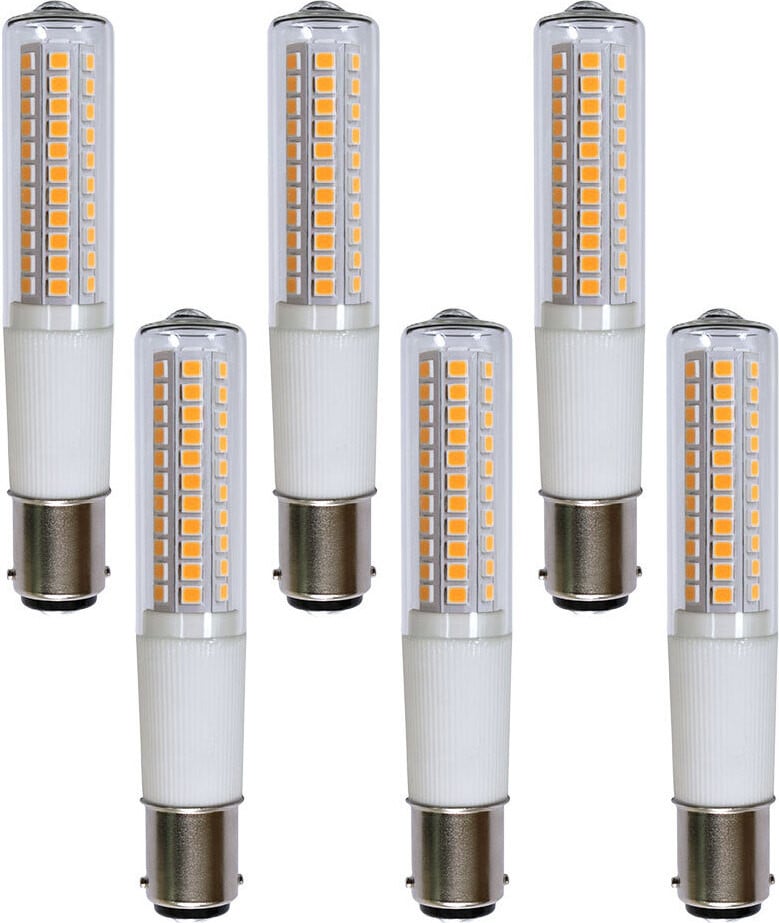 NCC-Licht Set van 6 LED-lampen T18 Buisvormig, 8W (65W equivalent), Fitting B15d, Helder Glas, 840lm, Warm Wit 3000K, 360 graden, Dimbaar