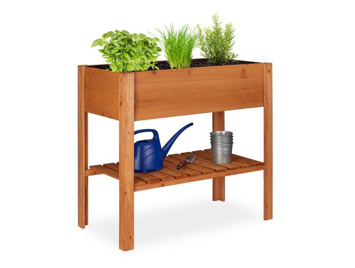 Relaxdays Hochbeet Rotbraun Tannenholz mit Ablagefach, Dunkelbraun, Holz, 88x80x43.5 cm, Gartenzubehör, Hochbeete