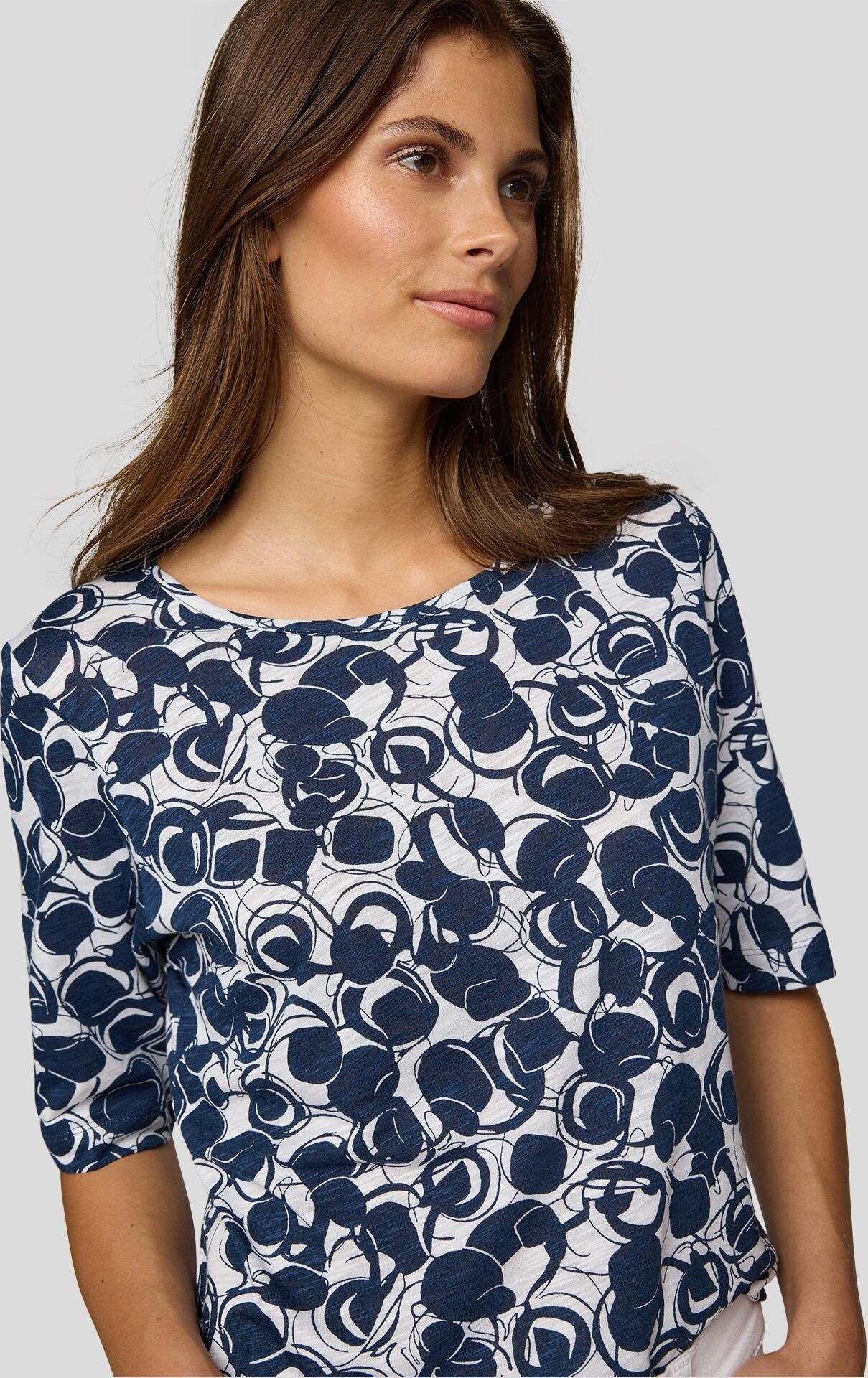 T-Shirt RABE, Damen, Gr. 40, blau (atlantik), Jersey, Obermaterial: 50% Baumwolle, 50% Viskose, bedruckt, Basic, normal hüftbedeckend, Rundhals, Shirts T-Shirt, mit grafischem Muster atlantik 40