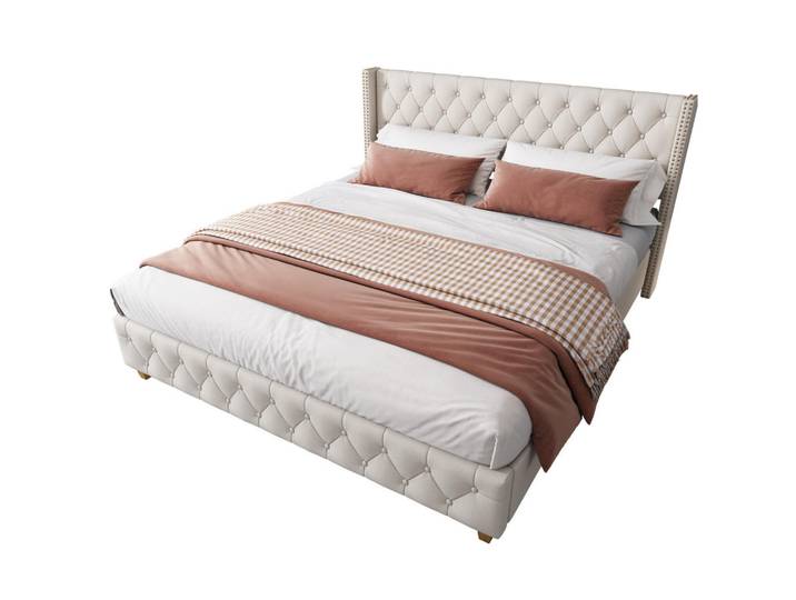 Okwish Polsterbett 180/200 cm Beige mit Lattenrost und Nietenverzierungen, Weiß, 180x200 cm, Schlafzimmer, Betten, Polsterbetten