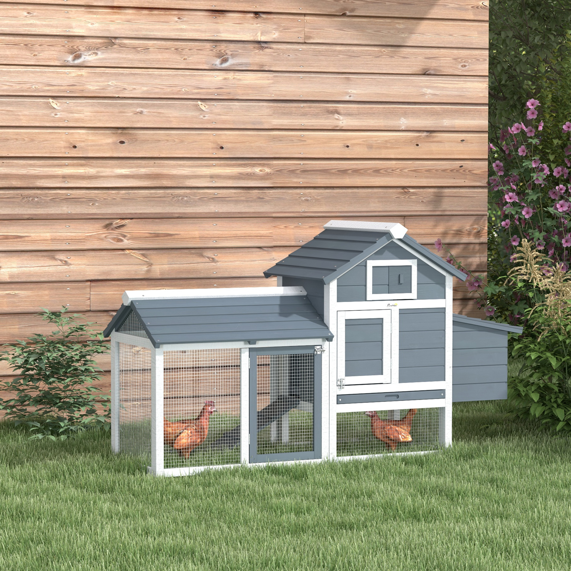 Pawhut Pollaio prefabbricato per Galline da Esterno con Casetta e Recinzione, 151.5x54x87 cm, Grigio e Bianco   Aosom Italy