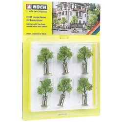 Noch H0,TT Junge Bäume mit Baumstützen 4 cm hoch, 6 Stück