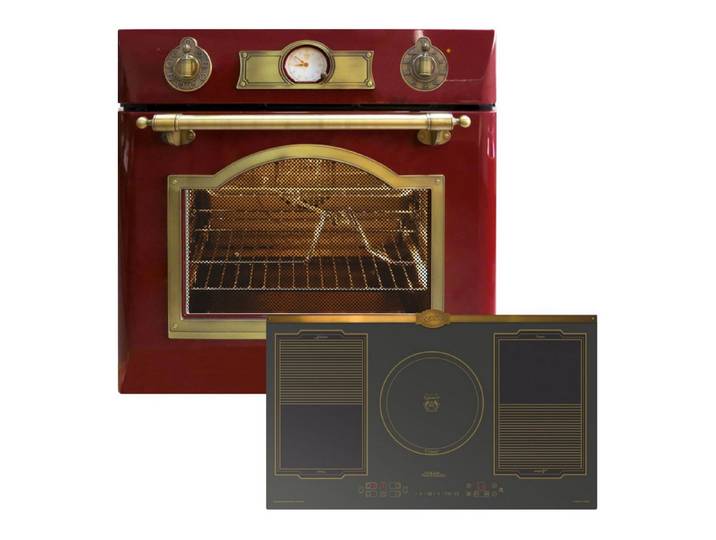Kaiser Küchengeräte Backofen-Set Empire Design Retro Backofen mit Heißluftsystem, Infrarotgrill und elektrischem Drehspieß EH 6355 RotEm+KCT 9196 IEm, Katalytische Selbstreinigung, FREE ZONE FlexInduktion 90 cm Kochfeld mit Power Booster