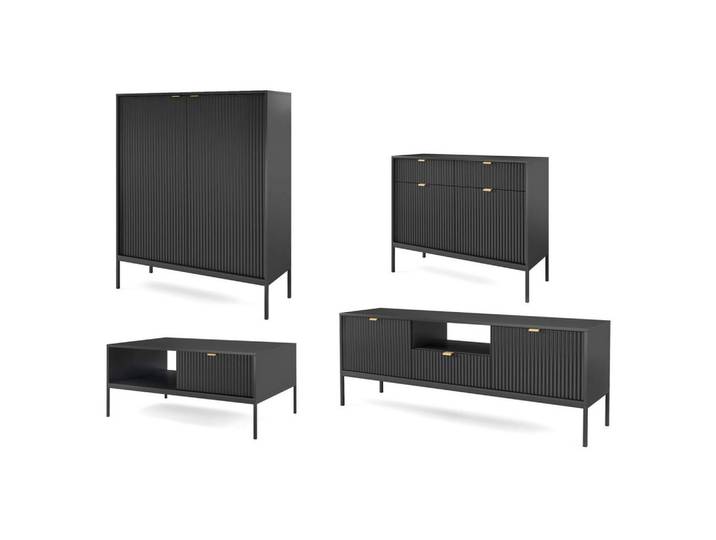 Feldmann-Wohnen Wohnzimmer-Set Nova Schwarz / Schwarz 4-teilig, 14 Fächer, Rechteckig, 362x125x68 cm, Wohnzimmer, Wohnwände