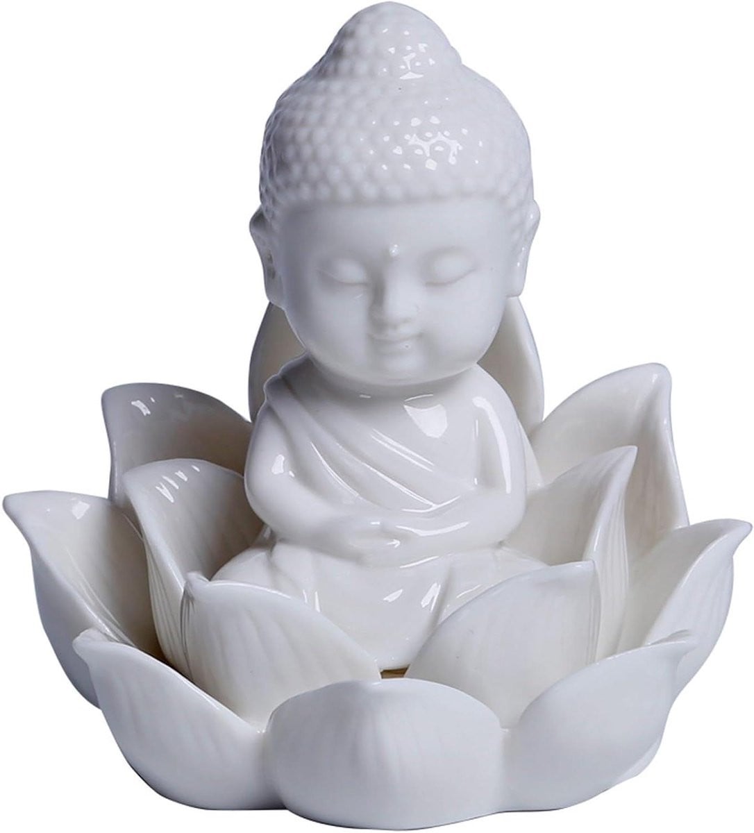 Wit Keramisch Boeddha Beeld met Lotus Decoratie Sculptuur voor op Tafel