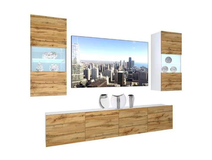 Meuble TV mural - BELINI GROUP - NEX 7/0/W/DW - LED multicolore - Chêne wotan - Design contemporain