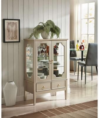 InRoom Designs Elegant Display Cabinet with Glass Doors, Mirrored Interior, Glass Shelves and 2 Storage Drawers