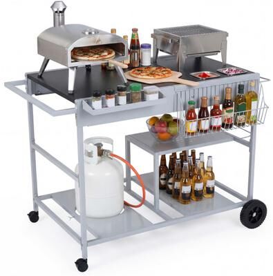 Costway Movable Grill Table with 2 Spice Containers and Station for Backyard and BBQ-Black