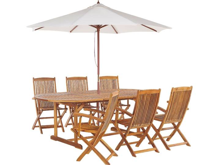 BELIANI Gartenmöbel Set mit Sonnenschirm Hellbraun Akazienholz 6-Sitzer 6-teilig Ausziehbarer Tisch Outdoor Garten Terrasse Balkon Ausstattung Möbel